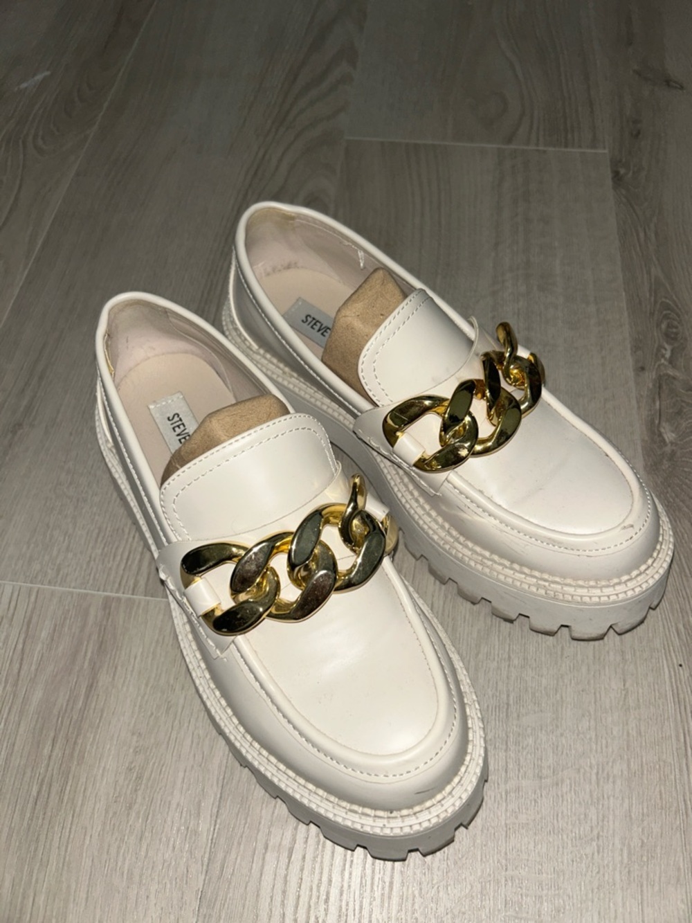 Steve Madden Cream Loafers with Gold Chain Detail